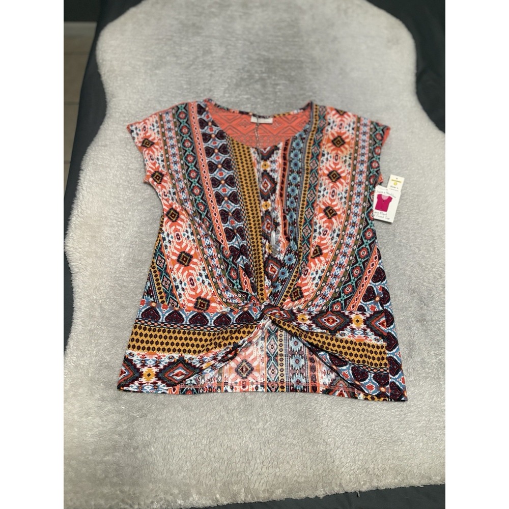 Bobbie Brooks Tribal Lace Back Knot Front Top Women Large Orange W Necklace